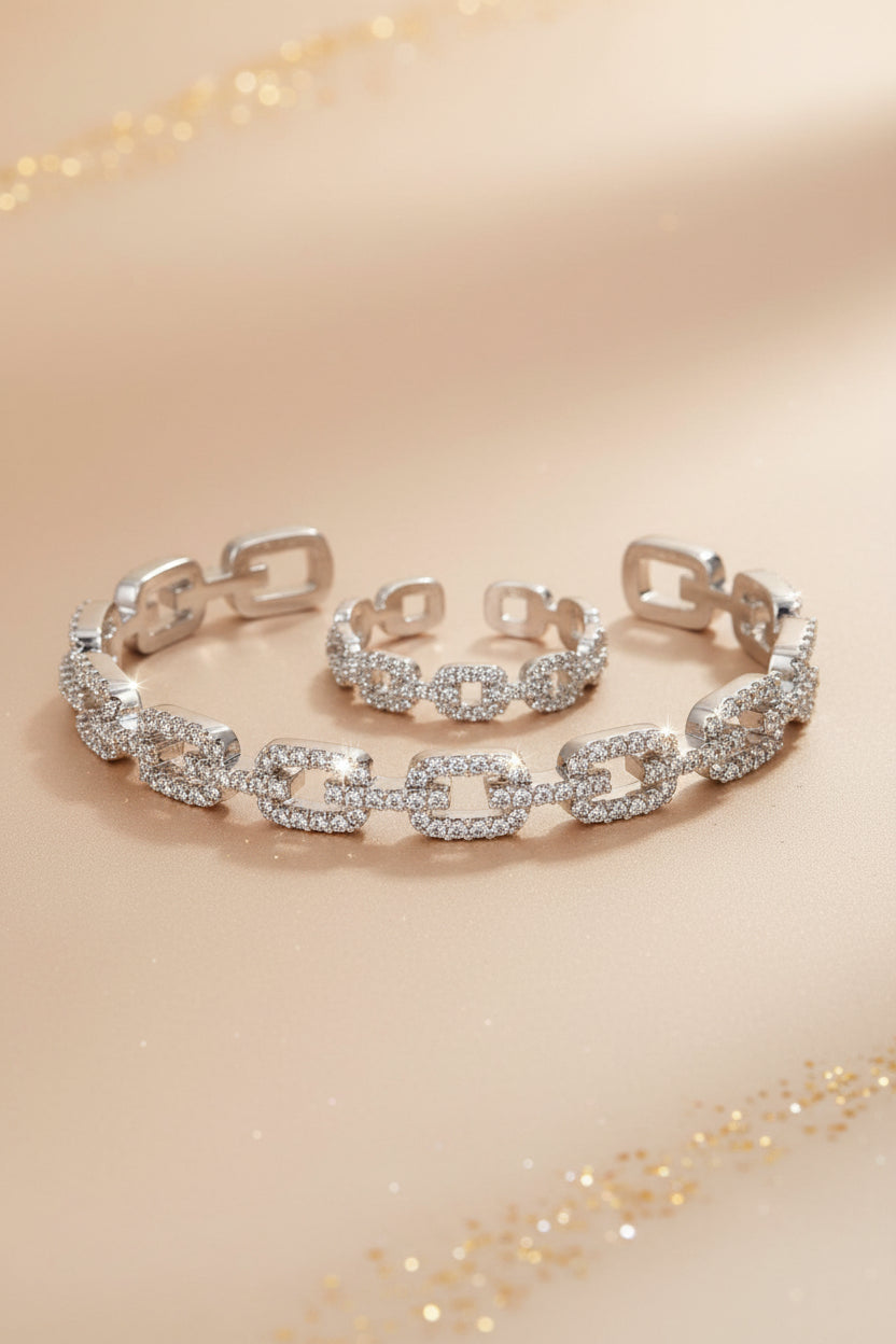 Chain Link Cuff Bracelet and Ring Set