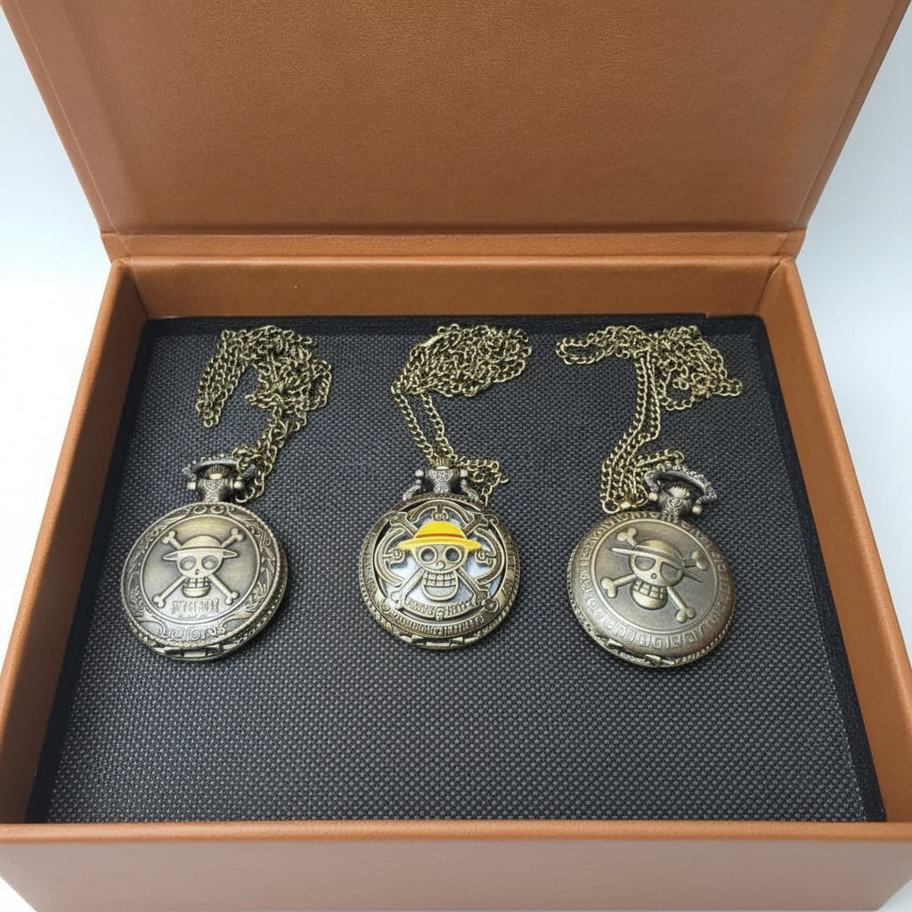 Antique Bronze Pirate Skulll Anime One Piece Quartz Pocket Watch Necklace