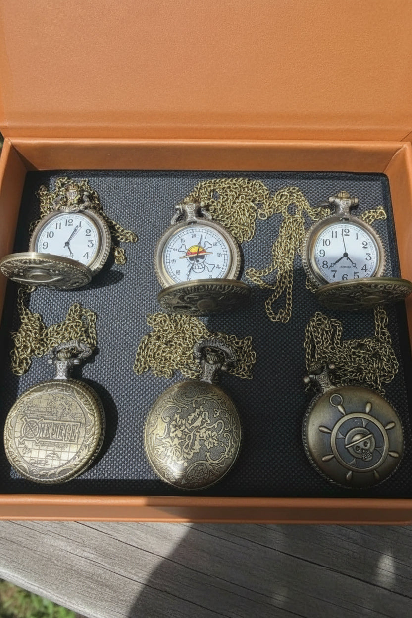 Antique Bronze Pirate Skulll Anime One Piece Quartz Pocket Watch Necklace