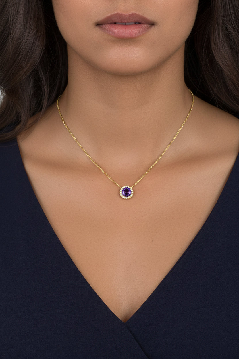 Amethyst/Gold & Cubic Zirconia Halo Pendant Necklace