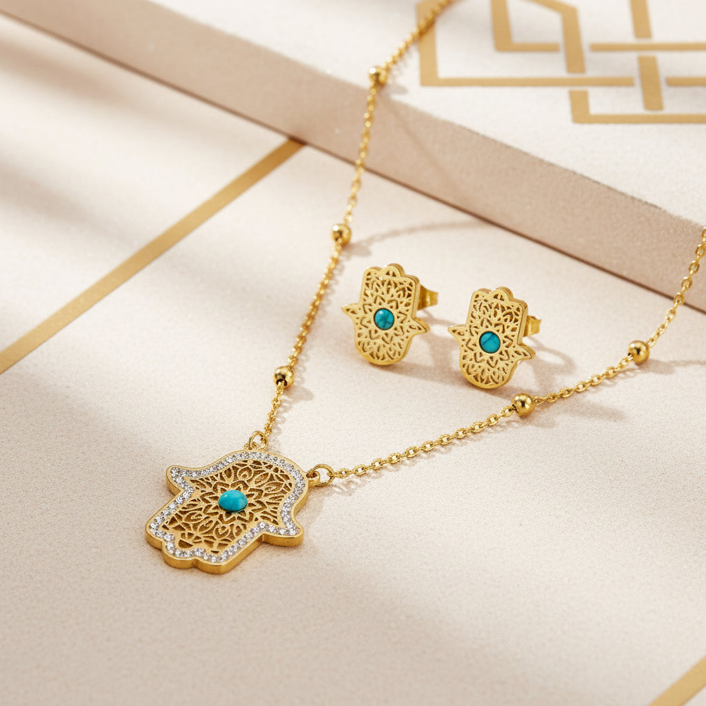 Hollow Flower Palm Hamsa Turquoise  Set