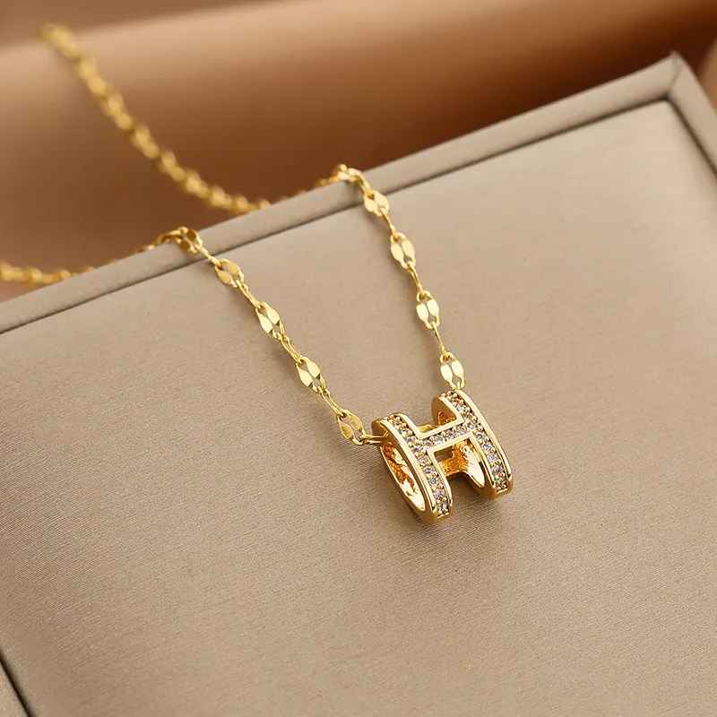 H Pendant with Rhinestones Necklace