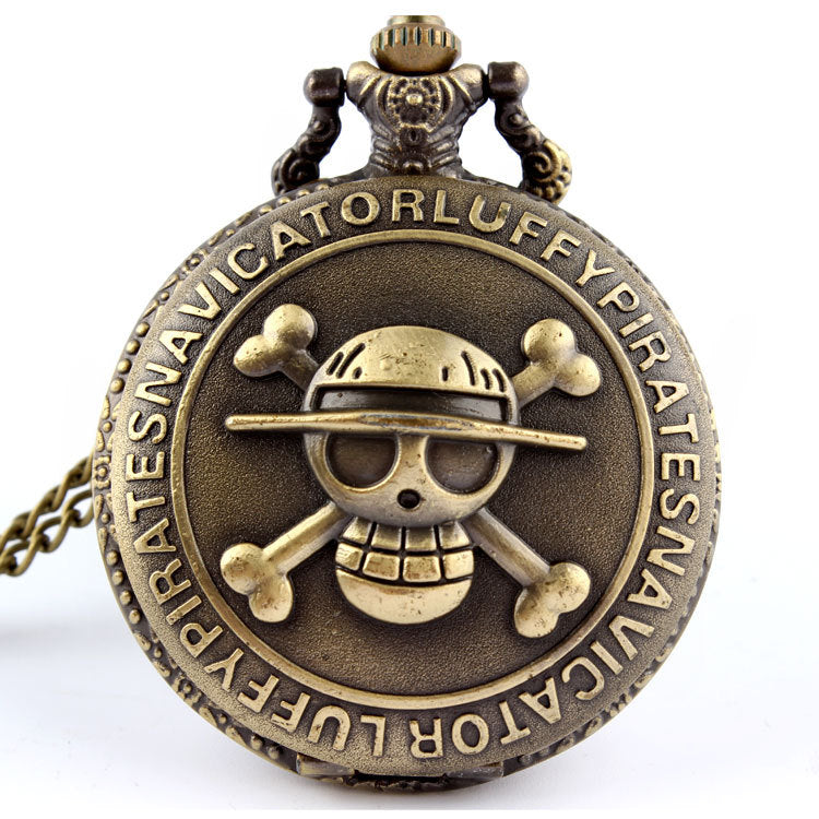 Antique Bronze Pirate Skulll Anime One Piece Quartz Pocket Watch Necklace