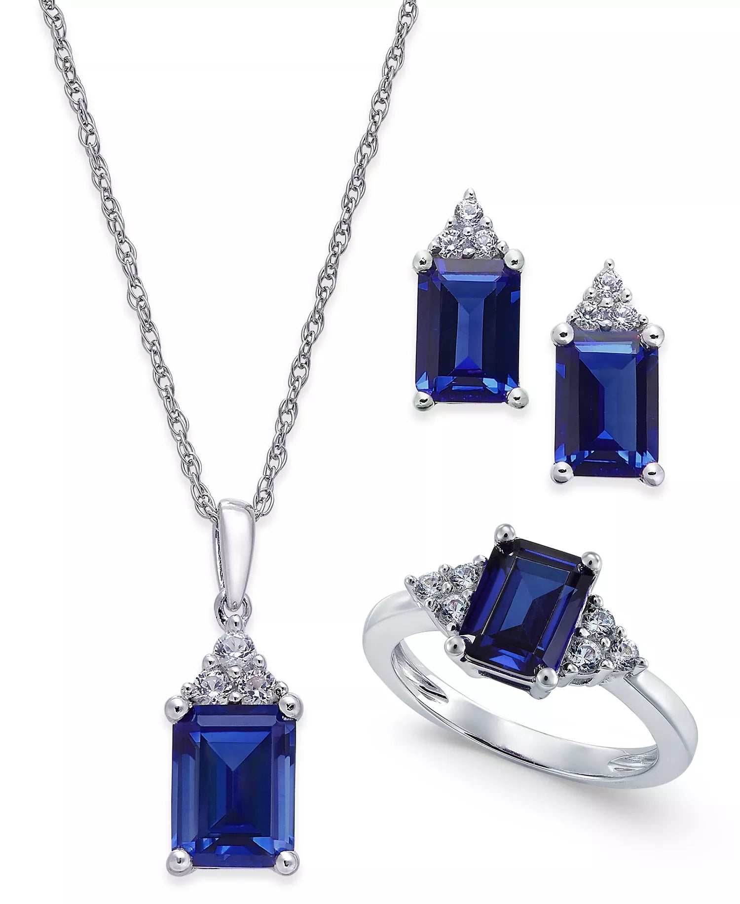 Emerald-shape lab-grown Blue Sapphires (5 ct. t.w.) and round-shape lab-grown white sapphires (3/8 ct. t.w.) set