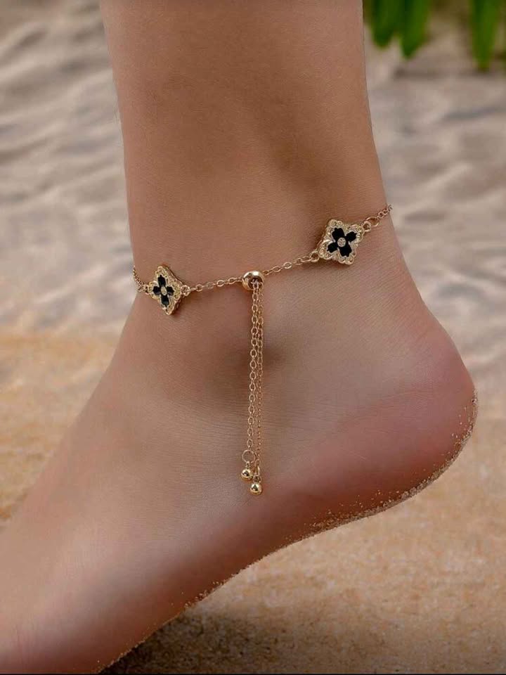 Black & Gold Tone Regal 5 Clover Chain Anklet
