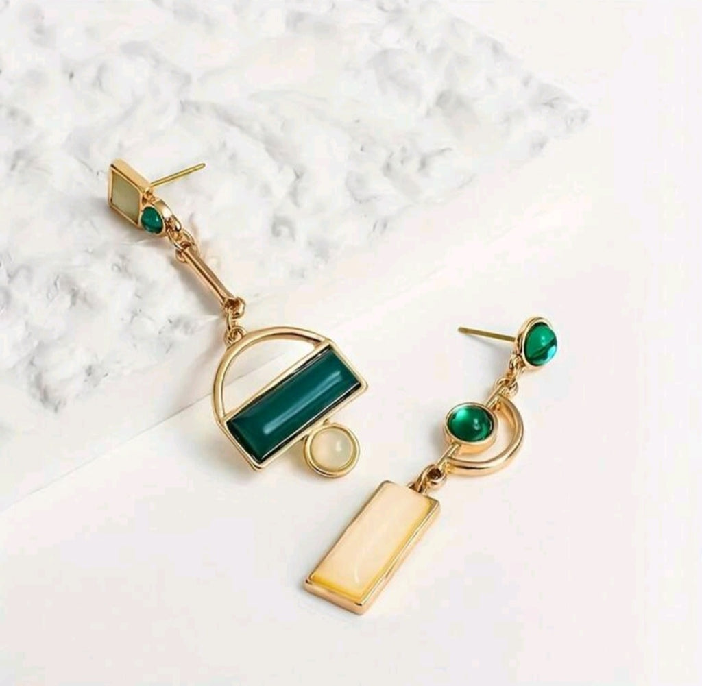 Emerald & Beige Assymetric Earrings