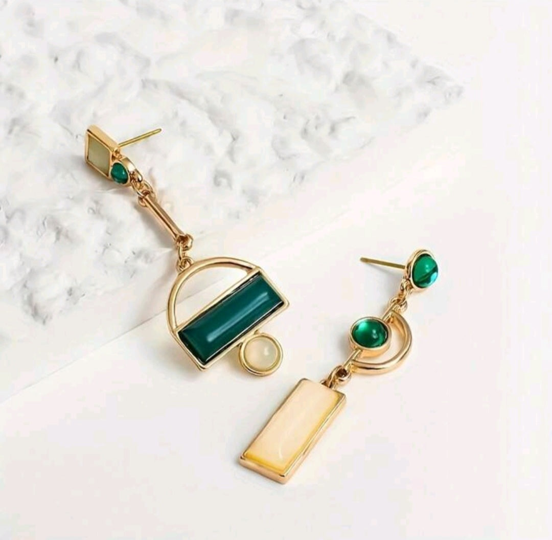 Emerald & Beige Assymetric Earrings