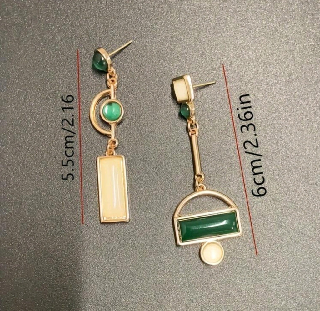 Emerald & Beige Assymetric Earrings