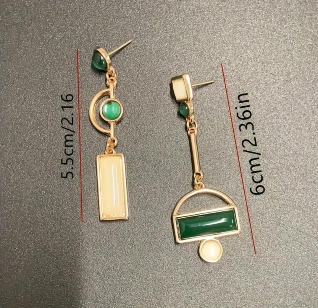Emerald & Beige Assymetric Earrings