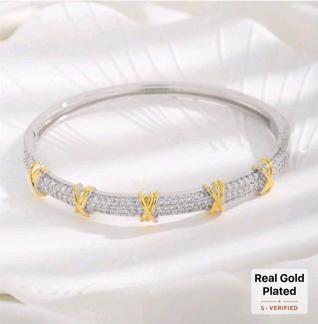 18K Gold/Platinum Plated Copper Bracelet With Zirconia Cross