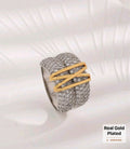 Stylish Dual-Layer Dual-Tone Plated Zirconia Crossed Ring, Unisex ring 18k Gold plated