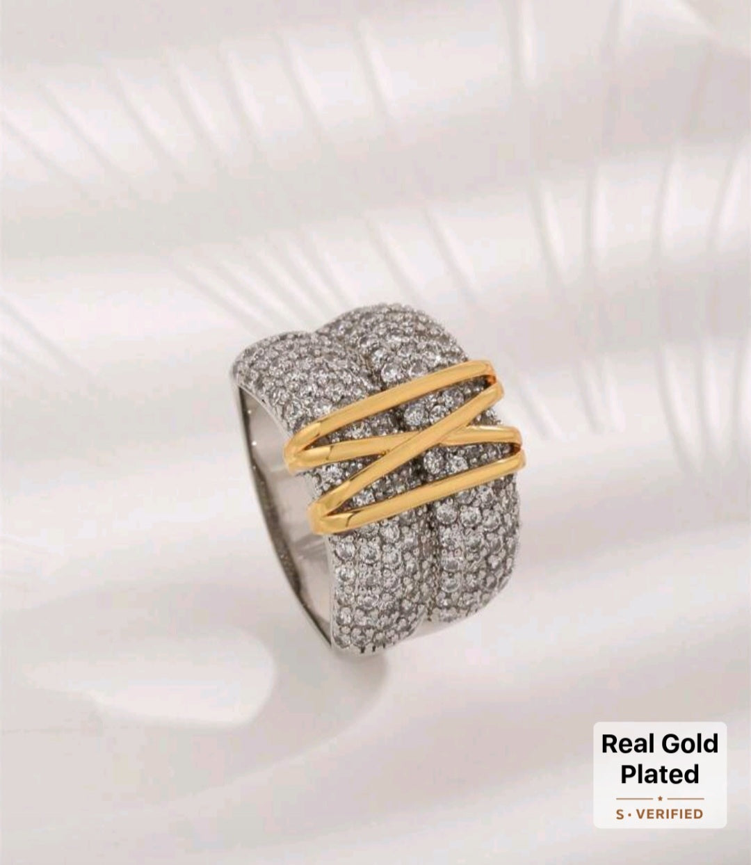 Stylish Dual-Layer Dual-Tone Plated Zirconia Crossed Ring, Unisex ring 18k Gold plated