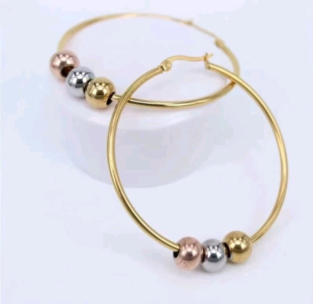 Fashionable Stainless Steel Three Color Beaded Hoop Earrings
