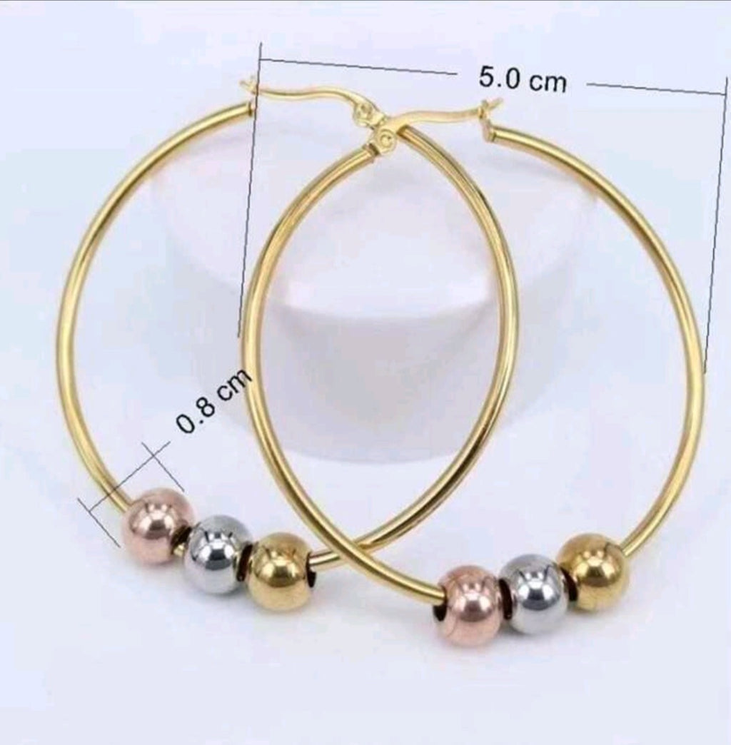 Fashionable Stainless Steel Three Color Beaded Hoop Earrings