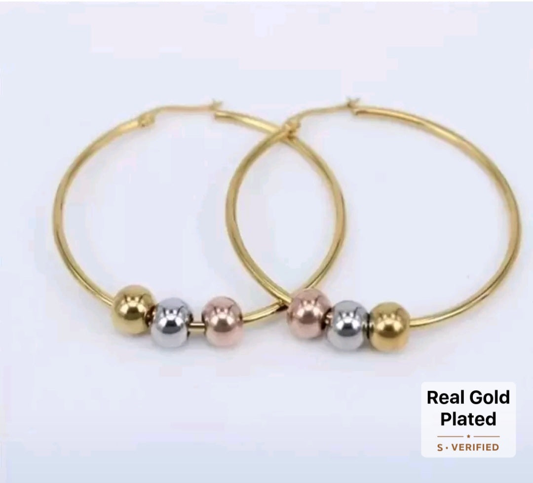 Fashionable Stainless Steel Three Color Beaded Hoop Earrings