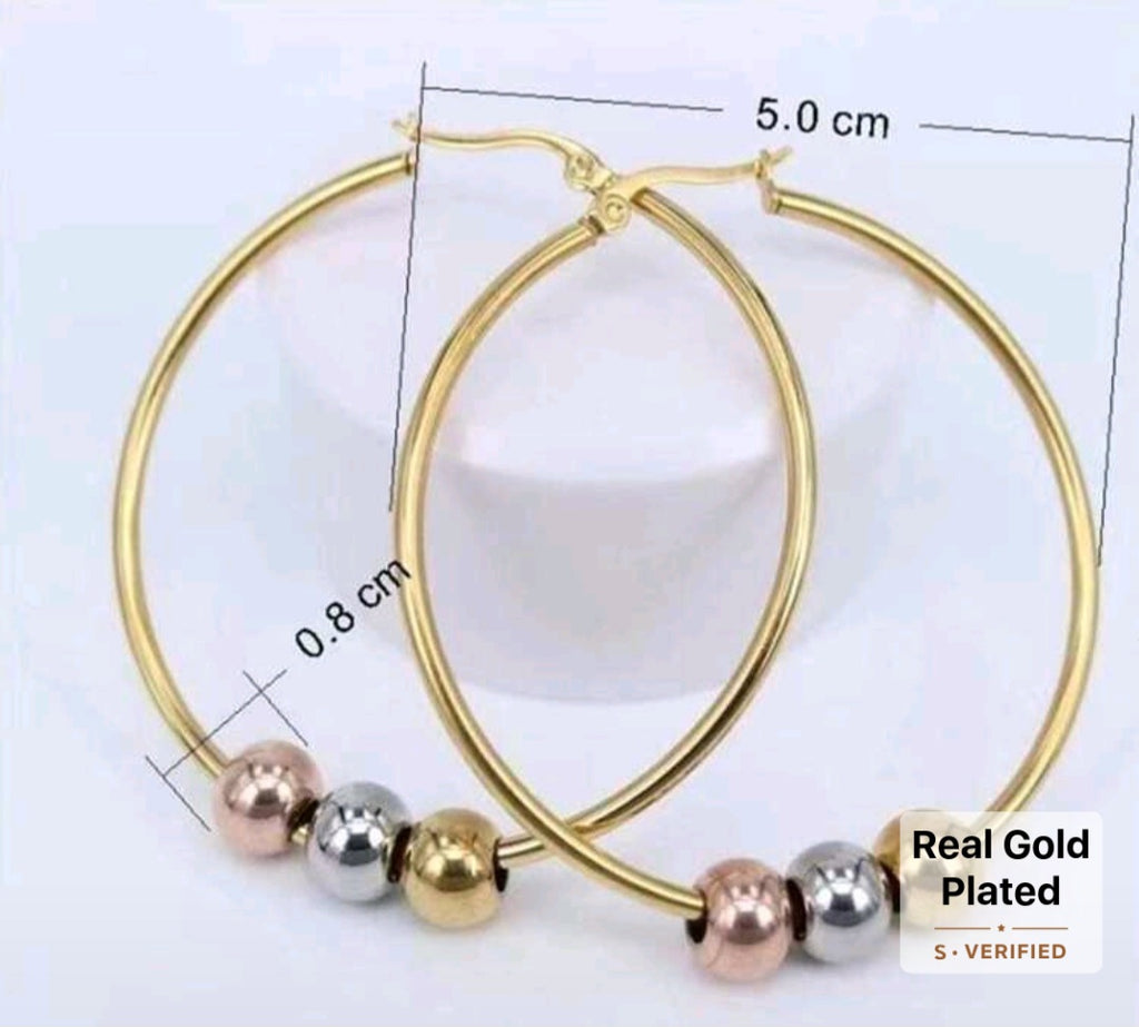 Fashionable Stainless Steel Three Color Beaded Hoop Earrings