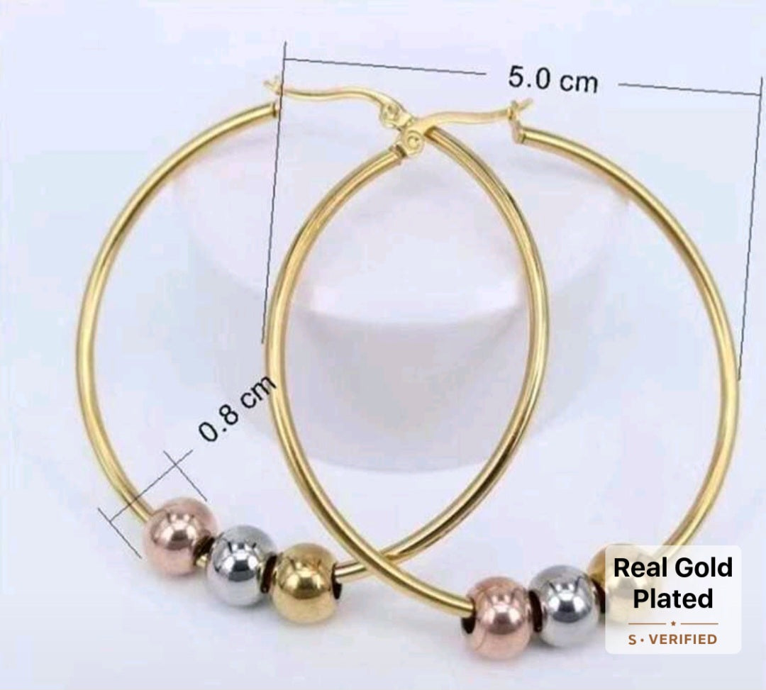 Fashionable Stainless Steel Three Color Beaded Hoop Earrings