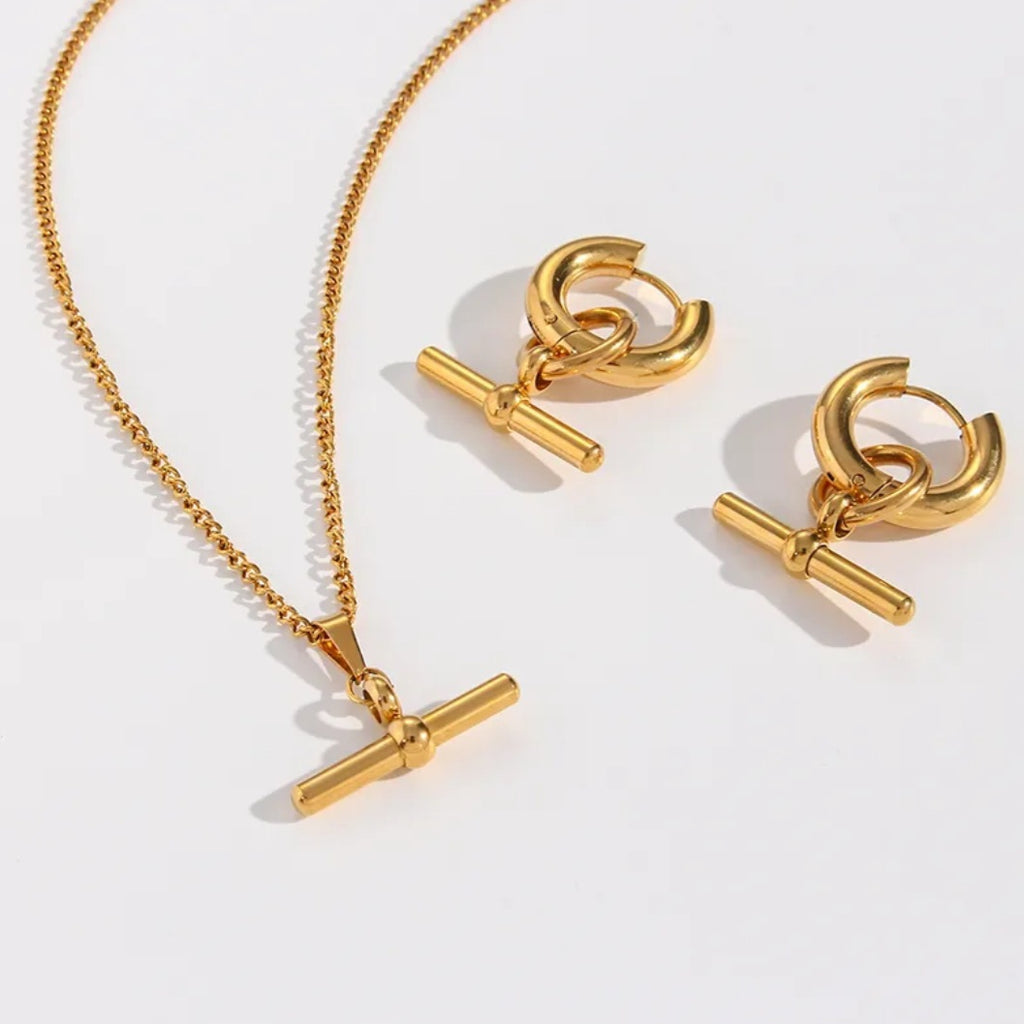 T-Shaped Earrings and Necklace Set- Detachable Round Pendant