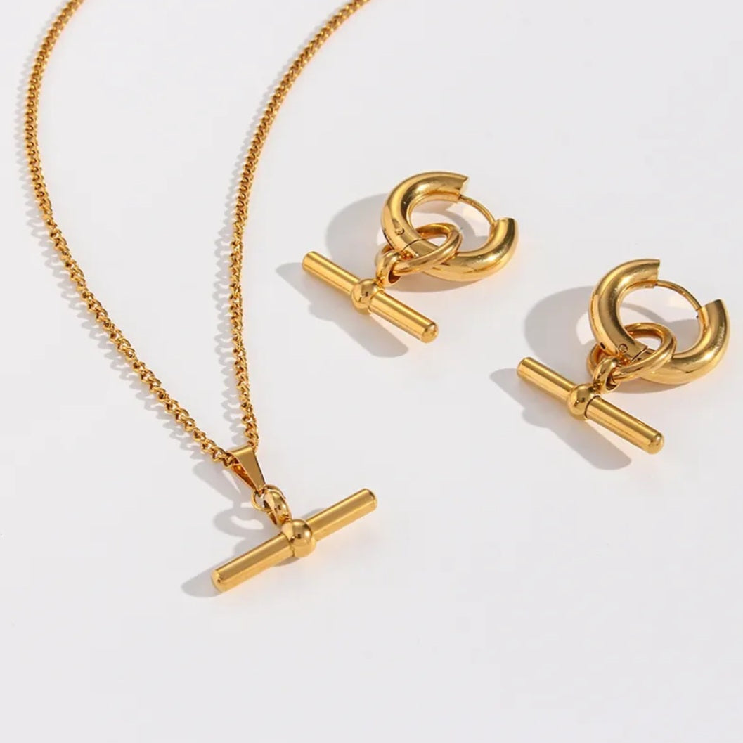 T-Shaped Earrings and Necklace Set- Detachable Round Pendant