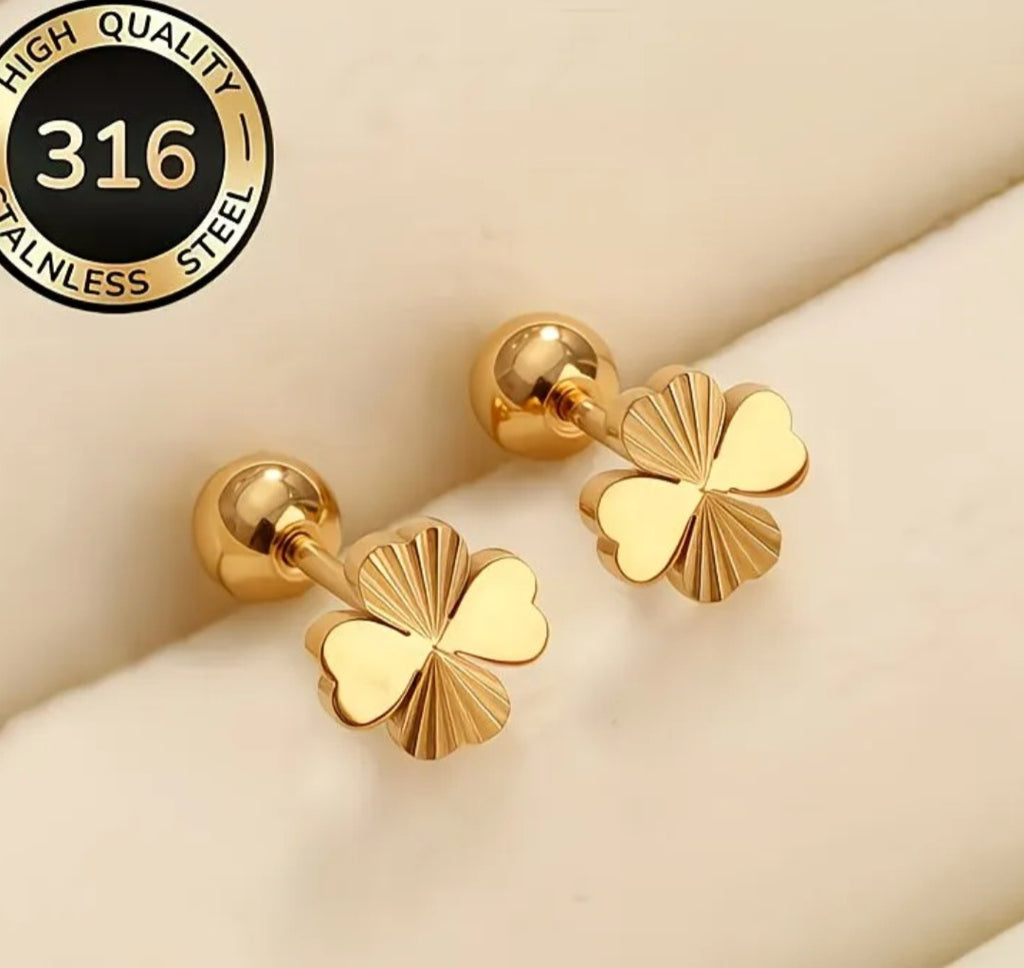 Gold Plated Heart-Shaped Lucky Four-Leaf Clover Earrings