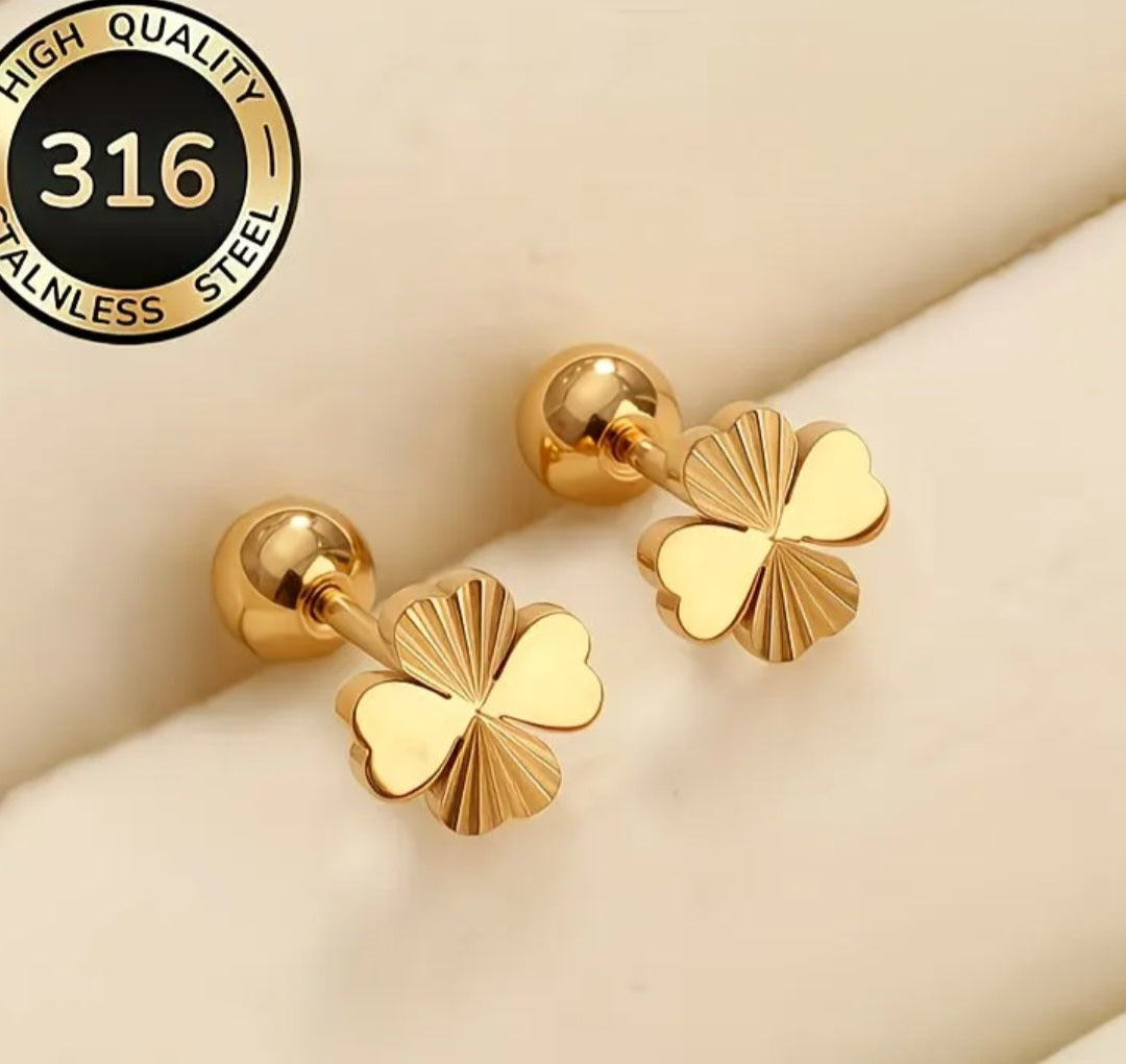 Gold Plated Heart-Shaped Lucky Four-Leaf Clover Earrings