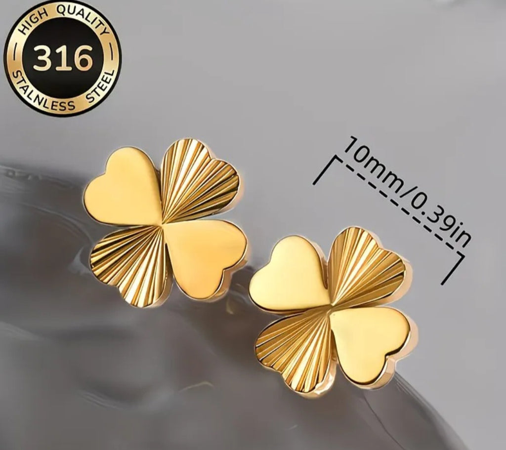 Gold Plated Heart-Shaped Lucky Four-Leaf Clover Earrings