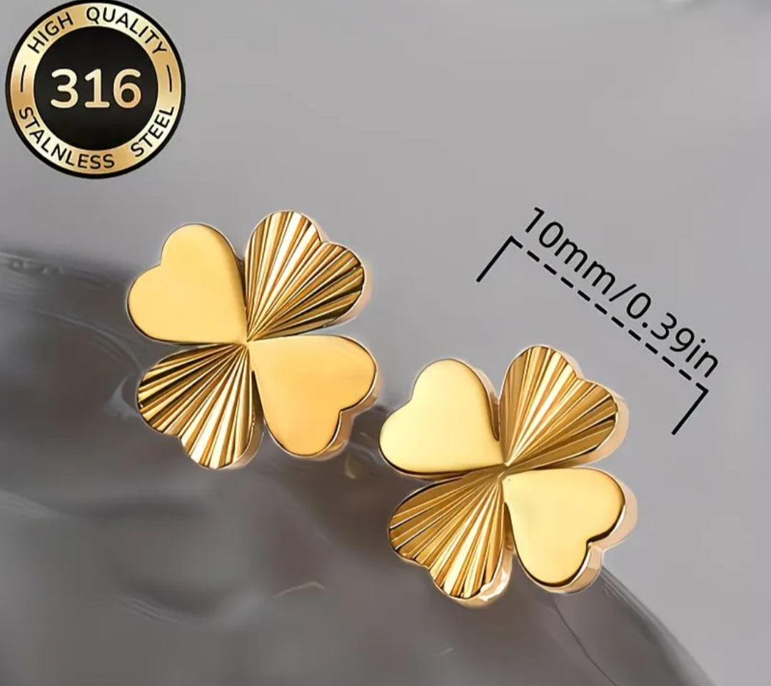 Gold Plated Heart-Shaped Lucky Four-Leaf Clover Earrings