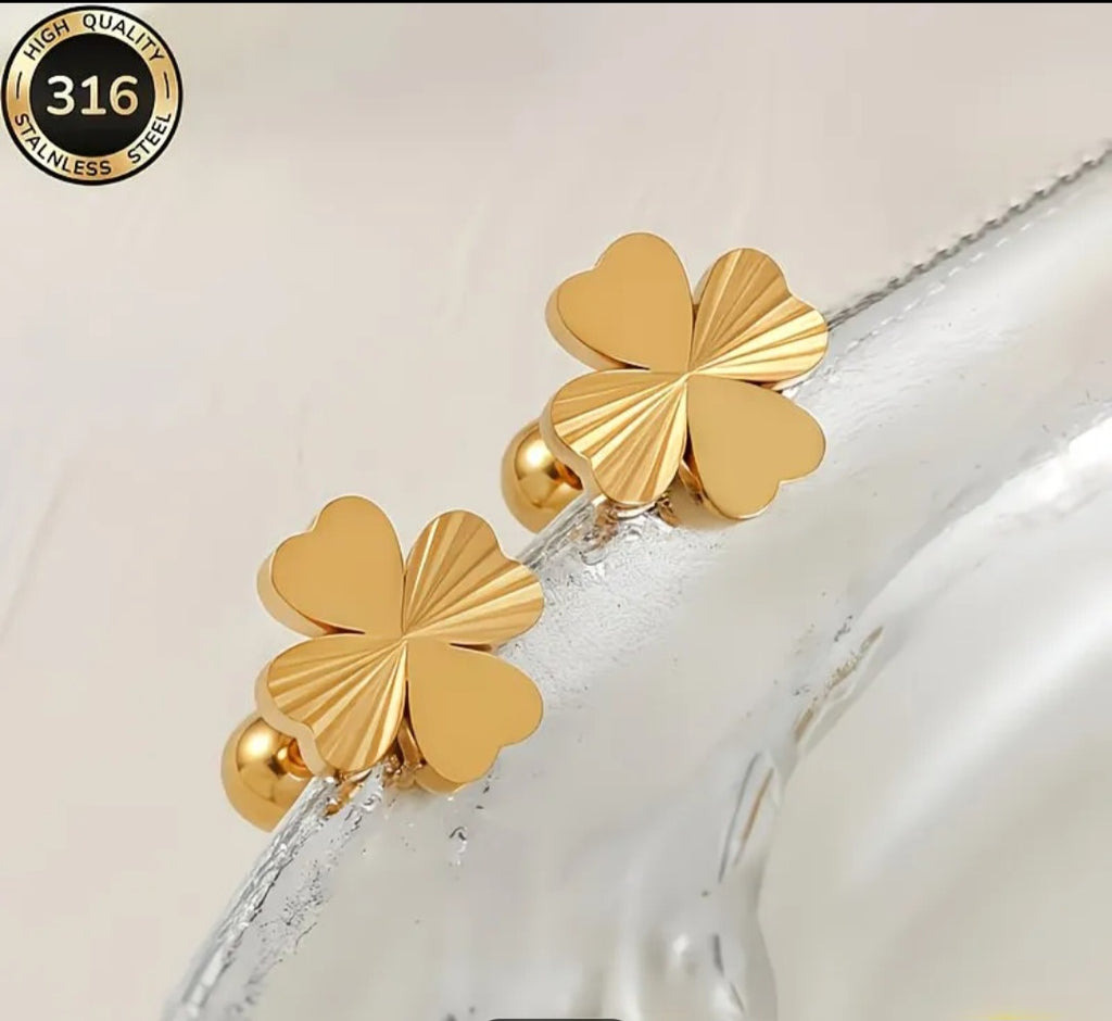 Gold Plated Heart-Shaped Lucky Four-Leaf Clover Earrings