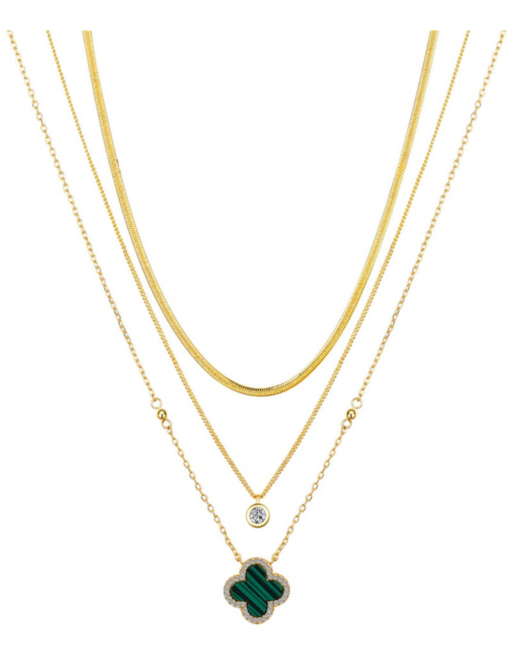 Malachite Clover & Cubic Zirconia Bezel Lavered Necklace