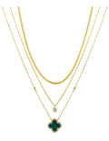 Malachite Clover & Cubic Zirconia Bezel Lavered Necklace