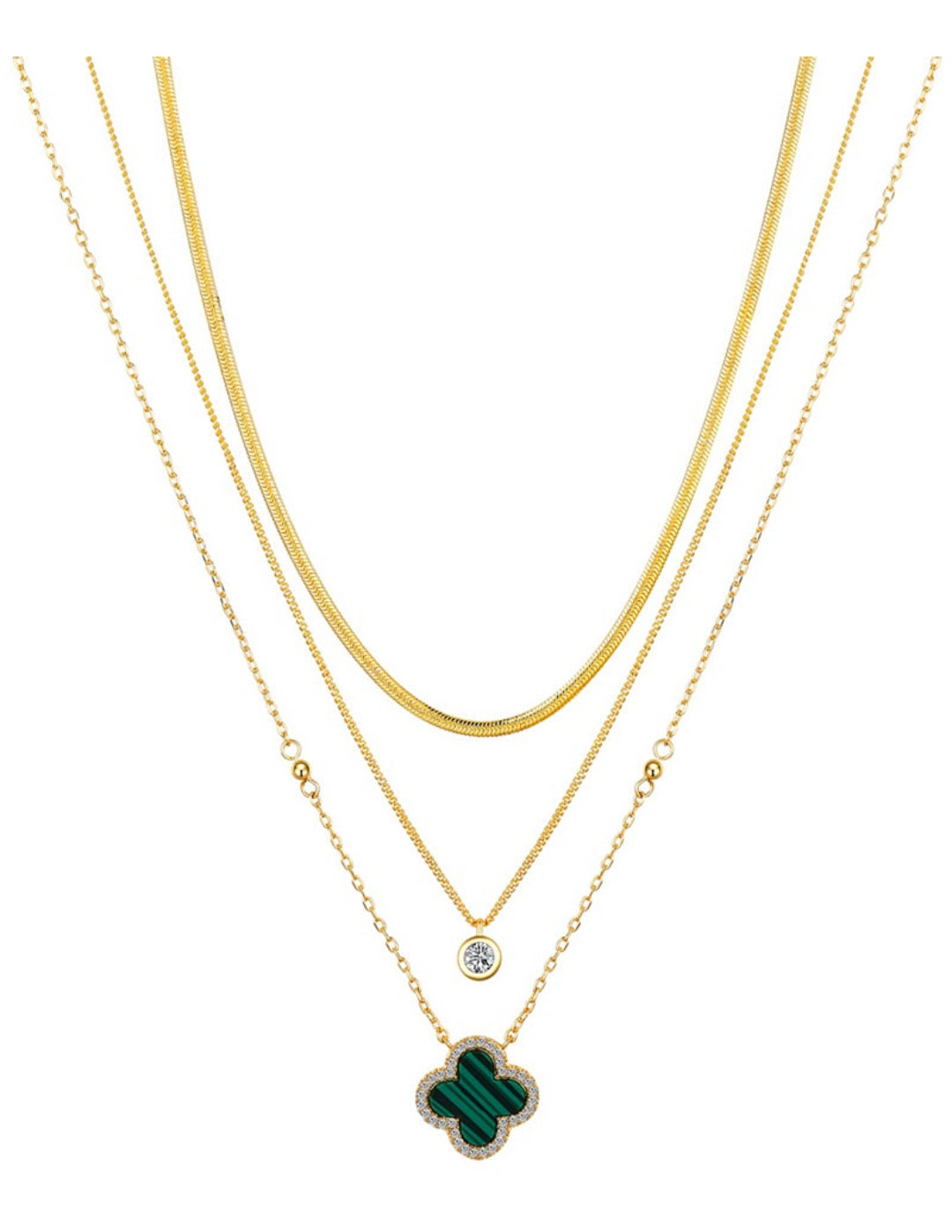 Malachite Clover & Cubic Zirconia Bezel Lavered Necklace