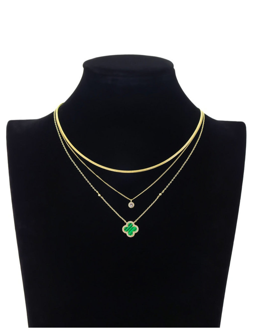 Malachite Clover & Cubic Zirconia Bezel Lavered Necklace