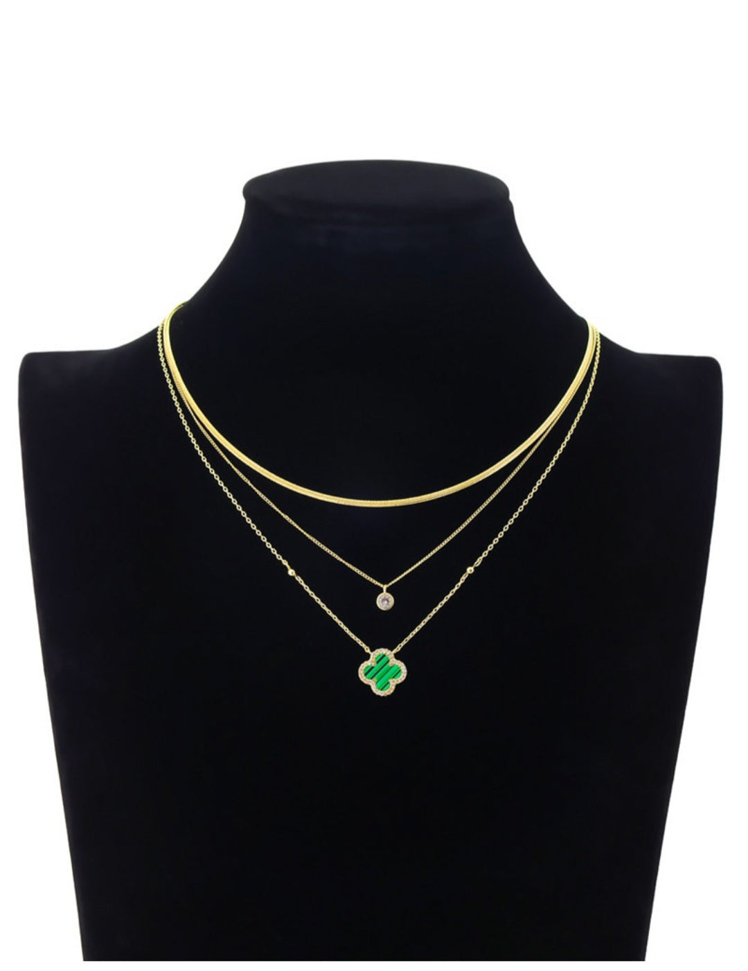 Malachite Clover & Cubic Zirconia Bezel Lavered Necklace