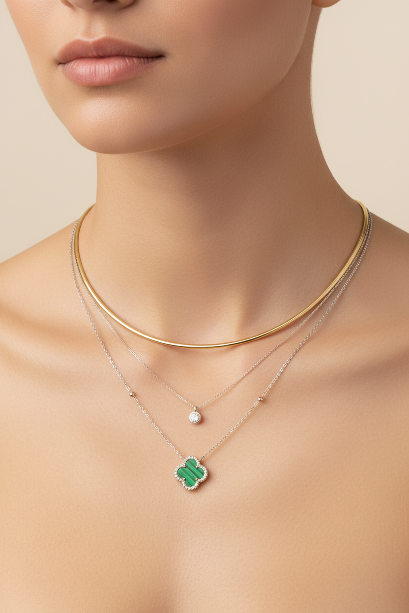 Malachite Clover & Cubic Zirconia Bezel Lavered Necklace