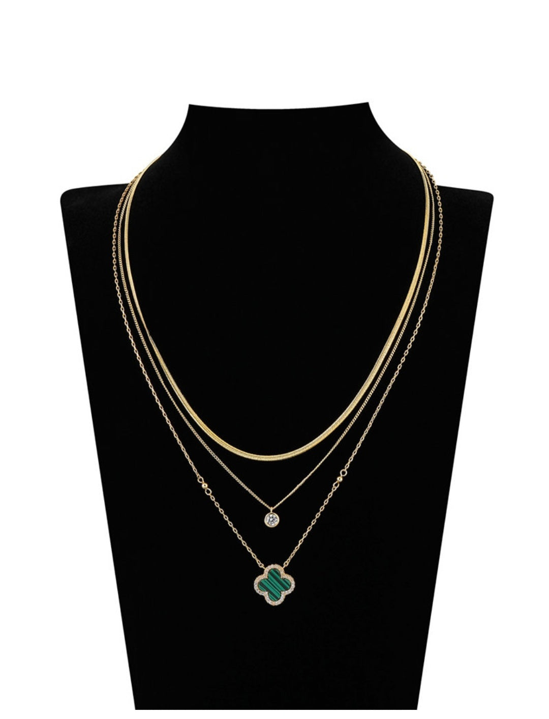 Malachite Clover & Cubic Zirconia Bezel Lavered Necklace