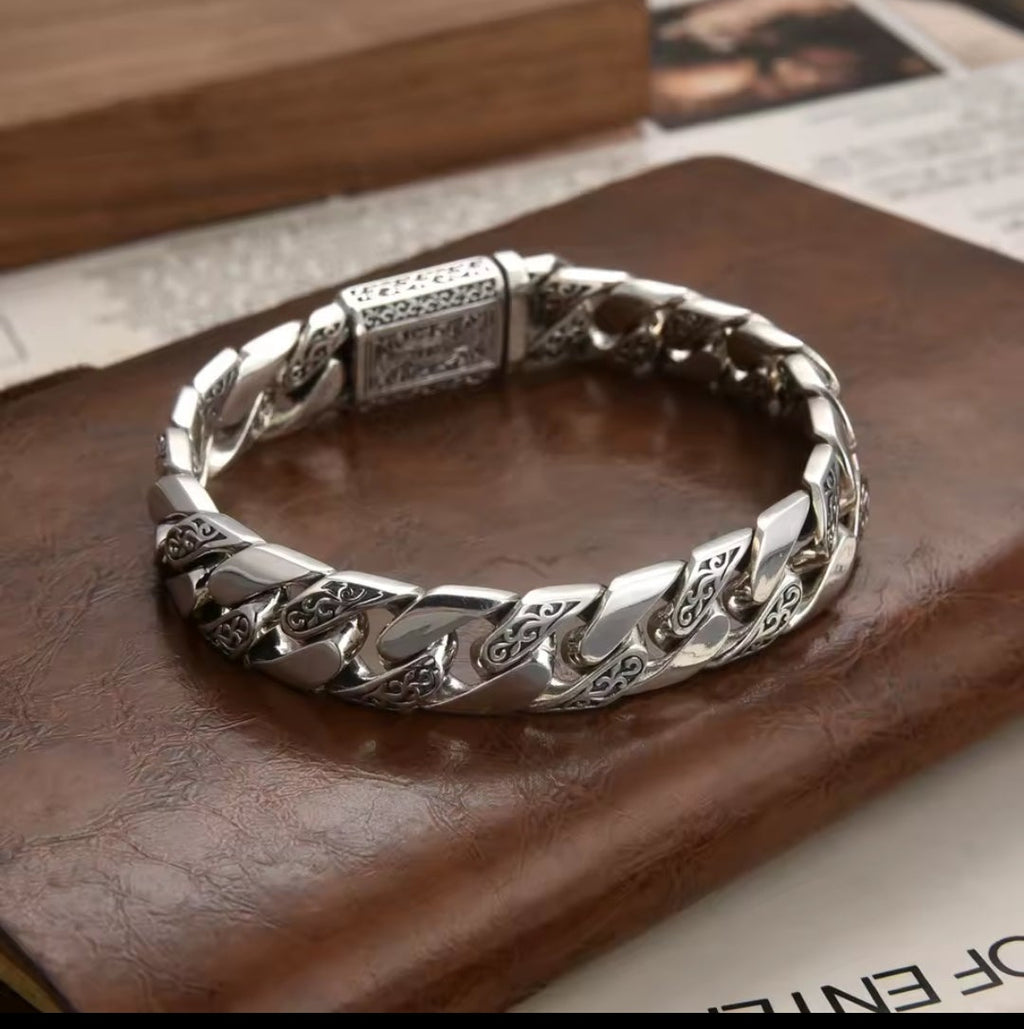 12MM Real Solid 925 Sterling Silver Miami Cuban Link Chain Men Bracelet Retro 20 cm /7.8 in