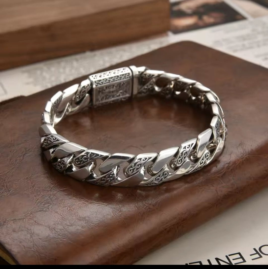 12MM Real Solid 925 Sterling Silver Miami Cuban Link Chain Men Bracelet Retro 20 cm /7.8 in