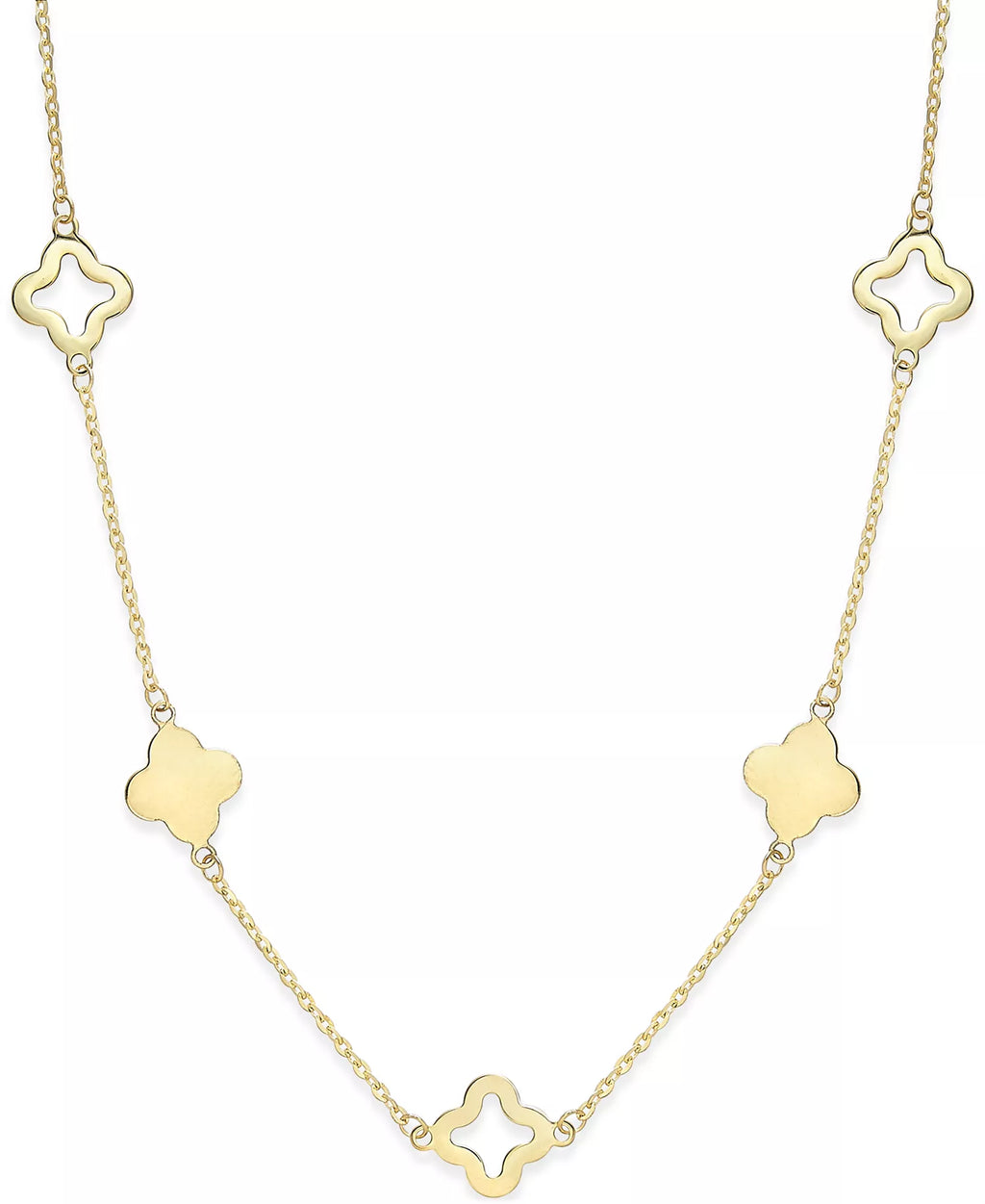 Dainty clovers adorn this lucky link necklace. Crafted of 14k gold. Approximate length: 18 inches.