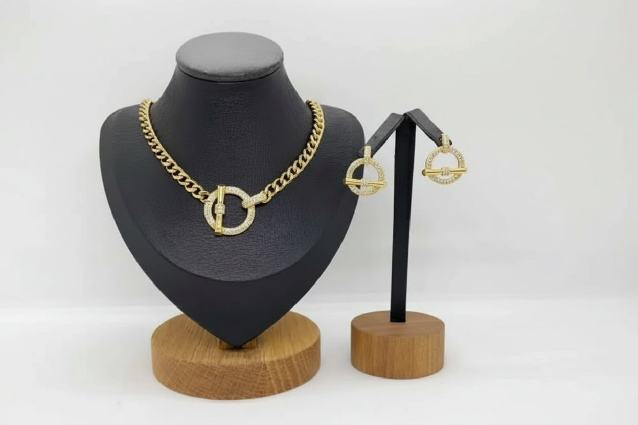 Elegant Gold Toggle Necklace & Earrings Set