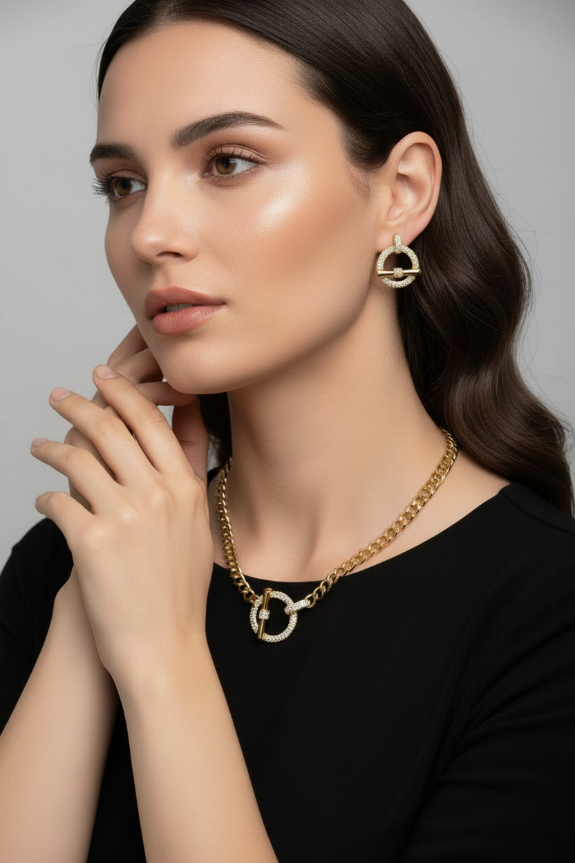 Elegant Gold Toggle Necklace & Earrings Set