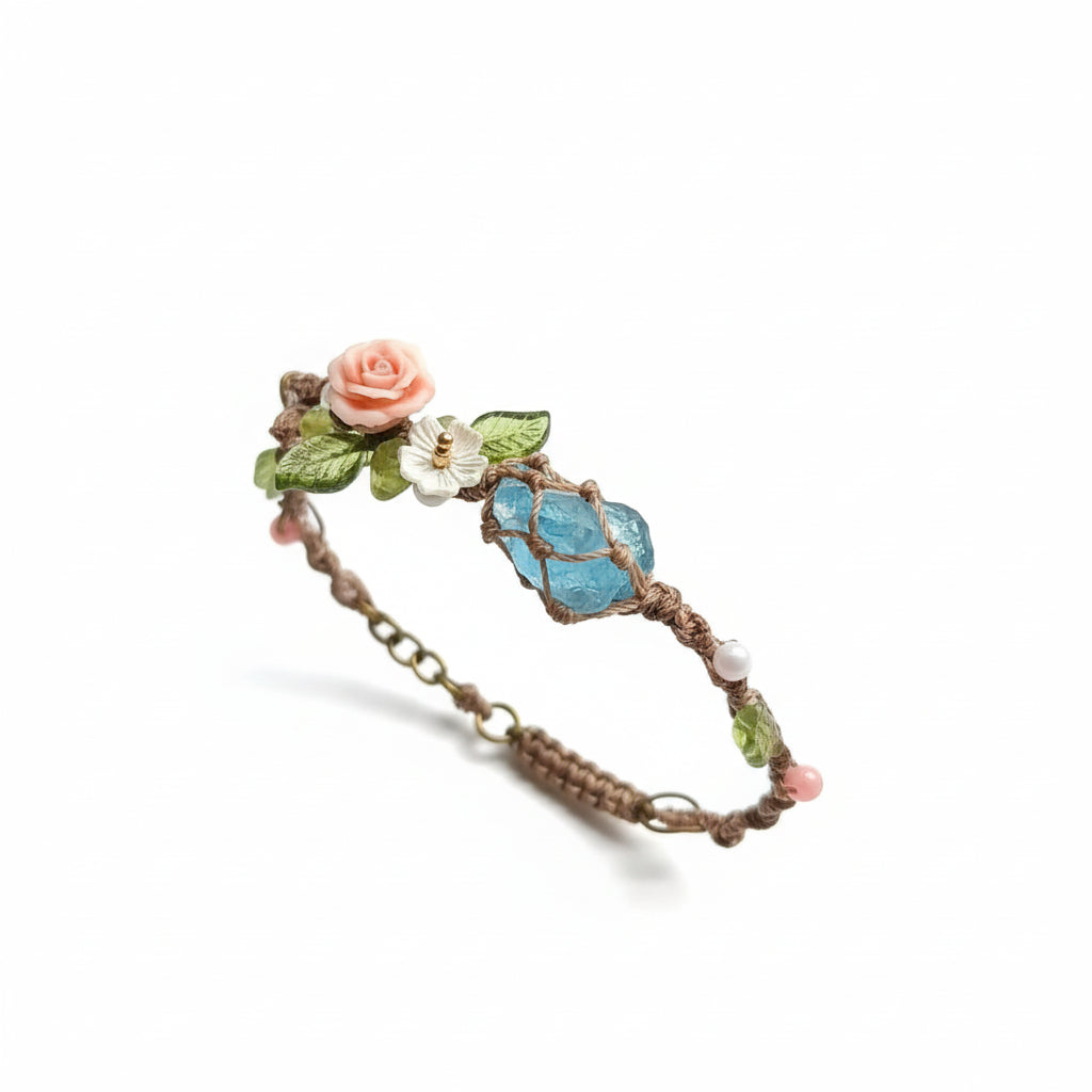 Rose Aquamarine Hand-woven Rough Stone Bracelet