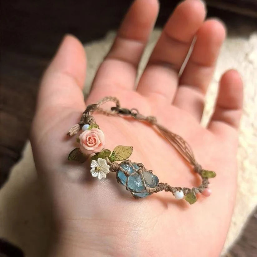 Rose Aquamarine Hand-woven Rough Stone Bracelet