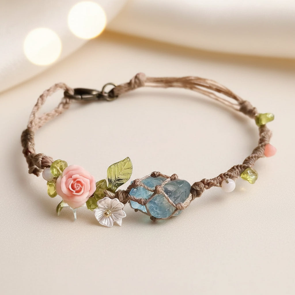 Rose Aquamarine Hand-woven Rough Stone Bracelet