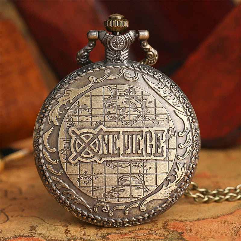 Antique Bronze Pirate Skulll Anime One Piece Quartz Pocket Watch Necklace