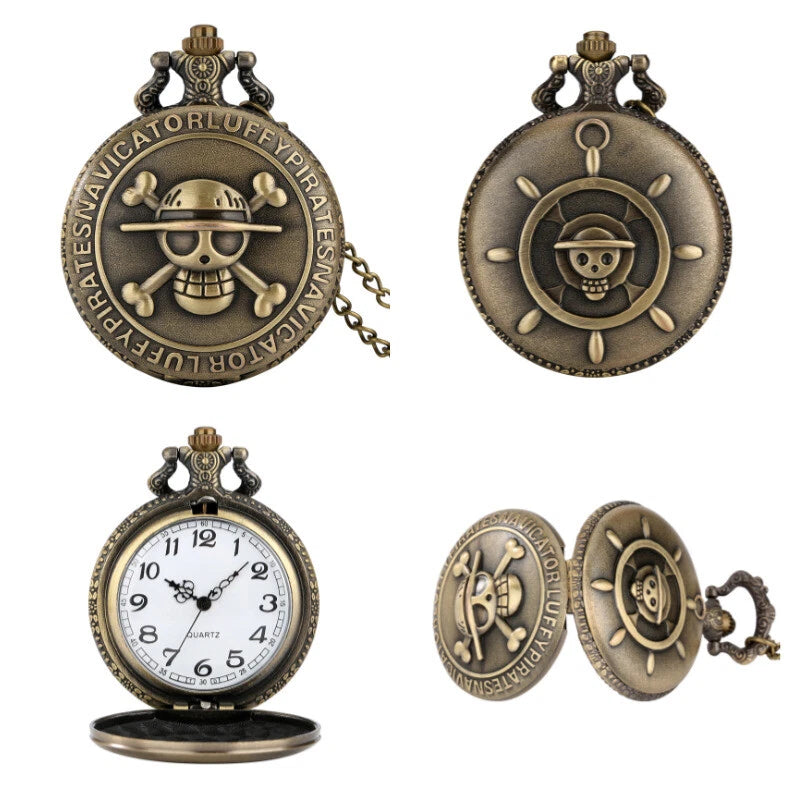 Antique Bronze Pirate Skulll Anime One Piece Quartz Pocket Watch Necklace