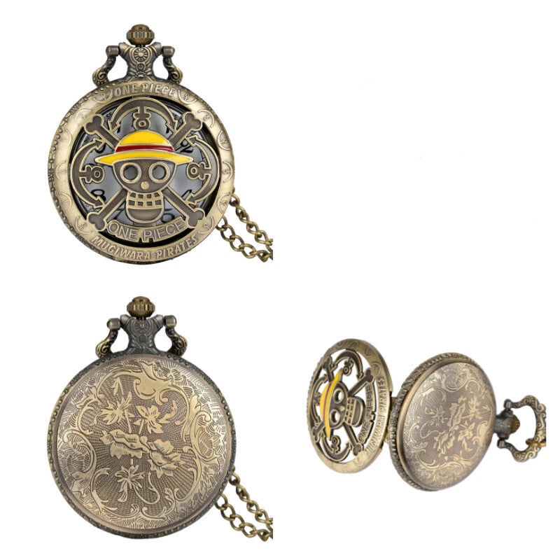 Antique Bronze Pirate Skulll Anime One Piece Quartz Pocket Watch Necklace