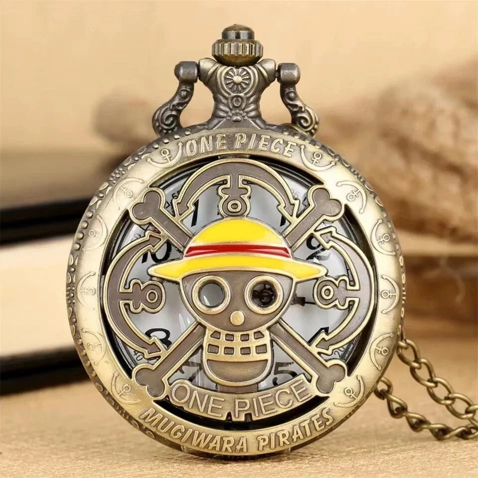 Antique Bronze Pirate Skulll Anime One Piece Quartz Pocket Watch Necklace