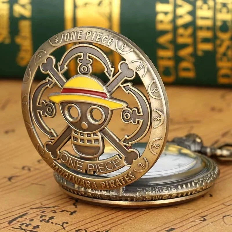 Antique Bronze Pirate Skulll Anime One Piece Quartz Pocket Watch Necklace