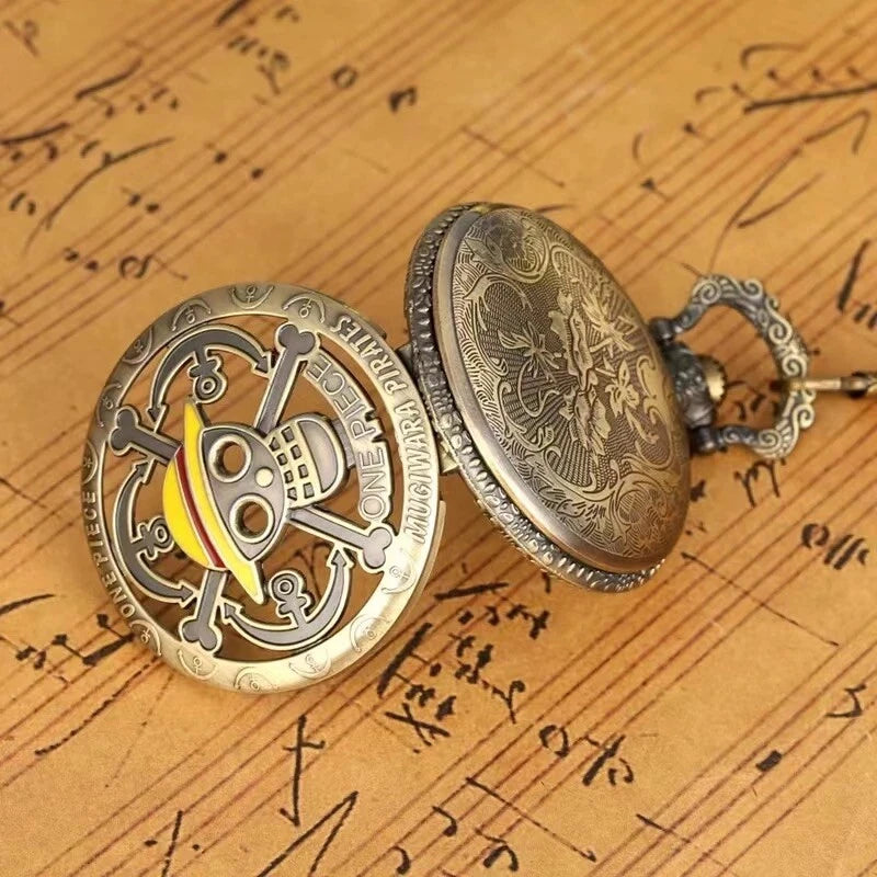 Antique Bronze Pirate Skulll Anime One Piece Quartz Pocket Watch Necklace