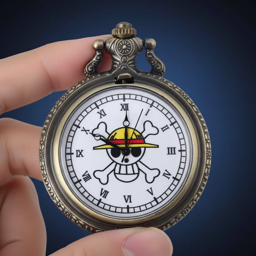 Antique Bronze Pirate Skulll Anime One Piece Quartz Pocket Watch Necklace